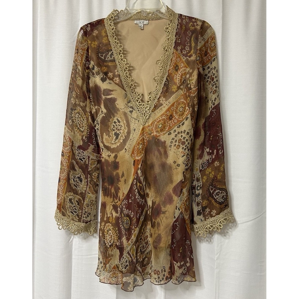 Cache 100% Silk Lined Embellished Peasant Boho Deep V Neck Top/Tunic -Size S